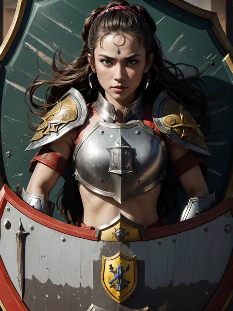 best quality,ultra-detailed,professional,portrait,(female warrior),(detailed armor),sharp focus,(intense expression),vivid colors,(((a gorgeously decorated shield))),physically-based rendering