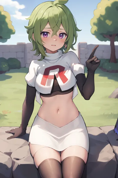 colleidef, blush, outdoors, short hair, team rocket,team rocket uniform,white skirt,crop top,black thigh-highs,black elbow gloves