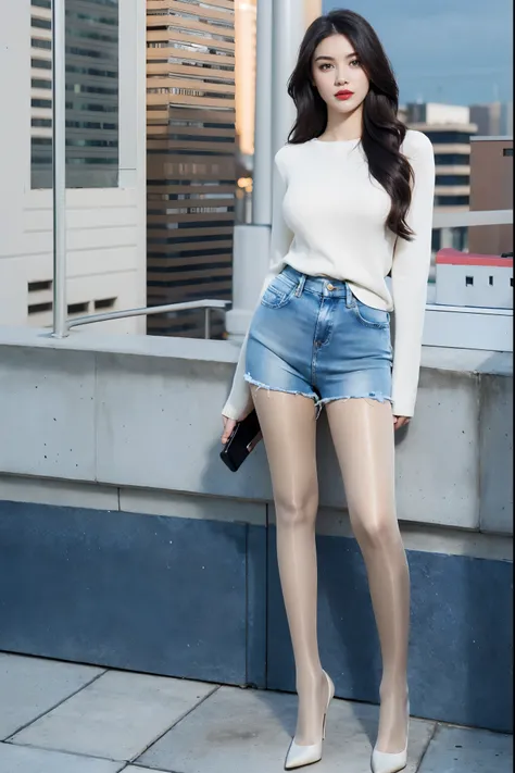 best quality, full body portrait, delicate face, pretty face, 16-year-old woman, slim figure, big bust, Wearing a long-sleeved sweater，Wear denim shorts，Stiletto high heels，wavy long hair，On the rooftop，big eyes，red lips，Heavy makeup，Ultra-thin flesh color...