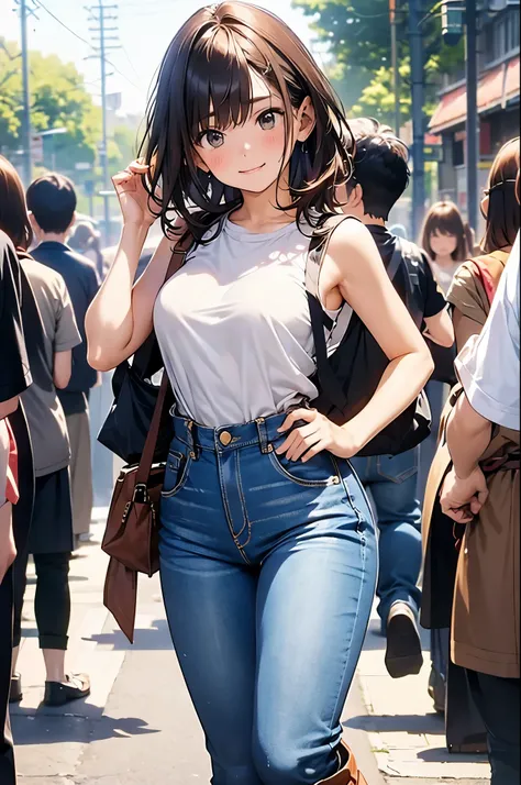 brown hair、looking at the viewer　　suspenders　　　Bulging big breasts　　 　 　　　　jeans　boots　　　　　Gaze　　　small face　bangs 　　　　　Beauty　　hands up　　 　Gaze 　黒いboots 　provocation　　armpit sweat　one person 　　put your hands behind your back　cutter shirt　　