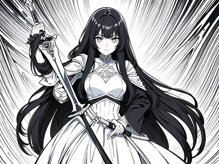 1 woman, wearing black knight outfit, holding a sword in her right hand, black hair, long hair, face to detail, detailed eyes, the background is inside a dungeon, perfect hands, monochrome (clear line, lineart), half body illustration
