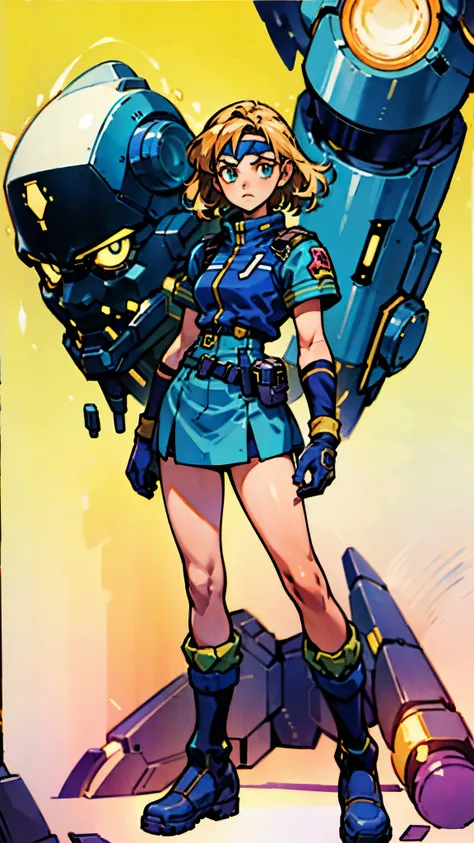 A girl with short light golden hair, a metal headband on her forehead, an icy gaze, a detached expression, a smooth and exquisite facial appearance, a sci-fi military uniform, white as the main color, complemented by blue and yellow accents, short sleeves,...