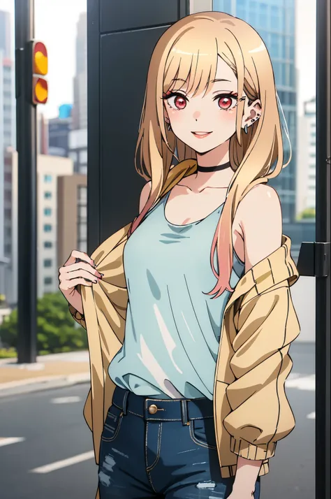 highest quality, (masterpiece:1.2), become familiar with,
Kitagawa Marine SB,
1 girl, alone, close your mouth, smile, lips long hair, blonde hair, red eyes, colorful hair, earrings,
Are standing, looking at the viewer、clavicle、city、white tank top、jeans、(pa...