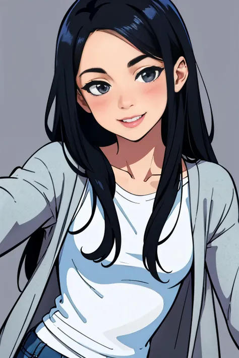 Amazing portrait of a sexy woman wearing her long straight luscious black hair, seductively gazing and smiling, soft lips, parted, blushing intensely, smiling, white t shirt, grey cardigan, baggy jeans, medium chest, perfect body