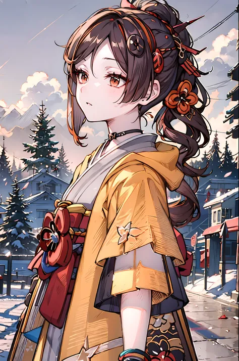 detailed, (masterpiece:1.2), (pale_skin), (solo:1.2), (female), (emphasis lines:1.3), slender, (brunette), outdoors, sky, brown_eyes, bracelets, (averting_eyes:1.3), (kimono), park, trees, gloves, ponytail