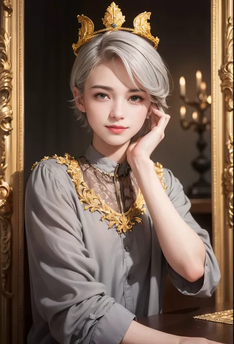 ((high definition: 1.2), (portrait: 1.1), young guy, 18 years old, (light gray hair: 1.2), short haircut, yellow eyes, (smiling: 1.1), (crown: 1.3), (realism: 1.4), young woman, (dark hair: 1.3), (fantasy: 1.1)

A high definition portrait of a young guy, 1...