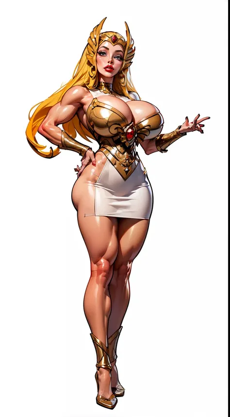 ((she-ra aesthetic)), ((full body view:1.4)), ((masterpiece)),(((best quality))), ((mature face)), defined cheekbones, high cheekbones, illustration, ((muscular:1.3)), ((gold:1.4)), sexy bimbo, (gigantic breasts:1.7) , blonde hair, ((detailed face:1.4)) be...