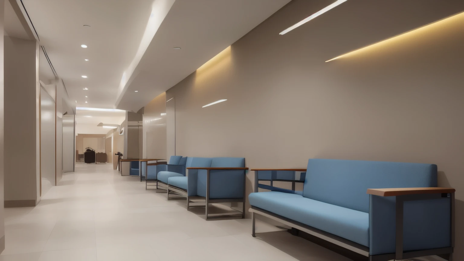 Sofa in waiting area of luxury hospital. Clinic corridor interior background. Healthcare and medical concept