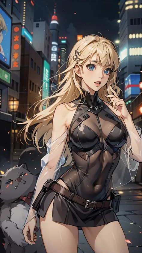 woman,20-year-old,,city,night,((white tight miniskirt bodysuit)),(Harada Makoto),open mouth smile,(((See-through))),((blonde)),long hair