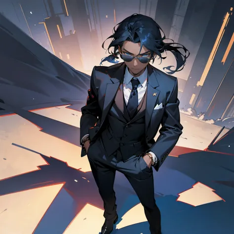 1male, teen, dark skin, black low ponytail, finely detailed blue eyes, posing with hands in pockets, black suit and tie, best lighting and shadows, night time big city, bracelet, black shade glasses