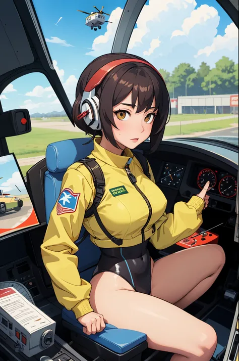 (masterpiece),( best quality), 1girl, pilot, flying helicopter, from cockpit, leotard,