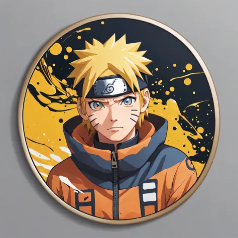 (a sticker,),(3D anime naruto),yellow hair,(on a round background), (Pollock border)（oil painting style）， Super detailed, best quality, Detailed illustration, vectorized, 8k, 专业a sticker设计, graphic design, vector line, a sticker, Full HD