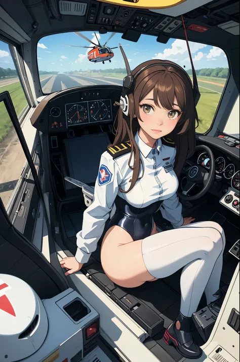 (masterpiece),( best quality), 1girl, pilot, flying helicopter, from cockpit, leotard,