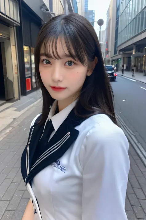 ((highest quality、8K、masterpiece：1.3))、sharp focus：1.2、Beautiful schoolgirl in perfect style：1.4、thin abs：1.2、((long black hair、small breasts：1.2))、(natural soft light、city street:1.1)、Highly detailed face and skin texture、fine eyes、double eyelid、((Uniform...