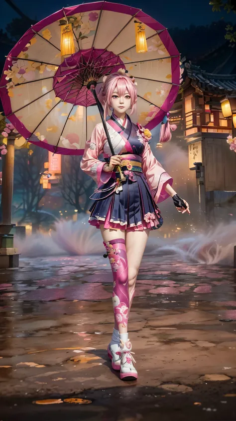 anime girl with pink hair and a pink umbrella in a courtyard, zhongli from genshin impact, keqing from genshin impact, full body xianxia, inspired by Pu Hua, inspired by Lü Ji, inspired by Ren Xiong, vi from arcane, katana zero video game character, ayaka ...