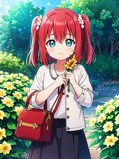 ruby kurosawa, aqua eyes, medium hair, red hair, two side up, twintails, girl, ((((holding a flower viewing it to the viewer))),