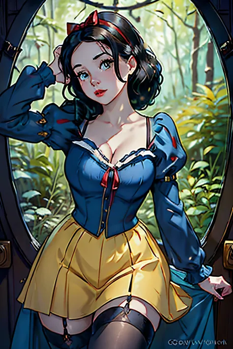 generate a revealing pin-up illustration showcasing snow white in a playful and alluring pose. picture snow white wearing a pin-...