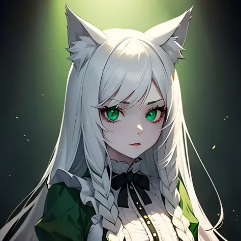 1girl, cat ears, long white hair, green eyes, green gothic dress, dark green lighting, pale skin, vampire, sharp colors