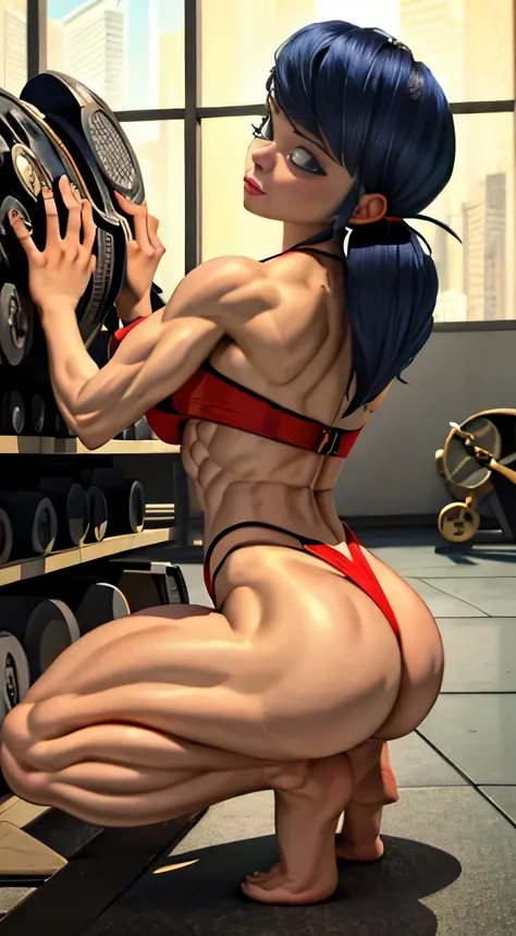 ((from behind)),(red bikini.), (blue hair), (short pig-tails), (blue eyes), (posing),((Rear lat spread)), high contrast, (8K UHD:1.2), (photorealistic:1.2),(masterpiece:1.4), (best quality:1.4),extremely detailed wallpaper, highly detailed illustrations, (...