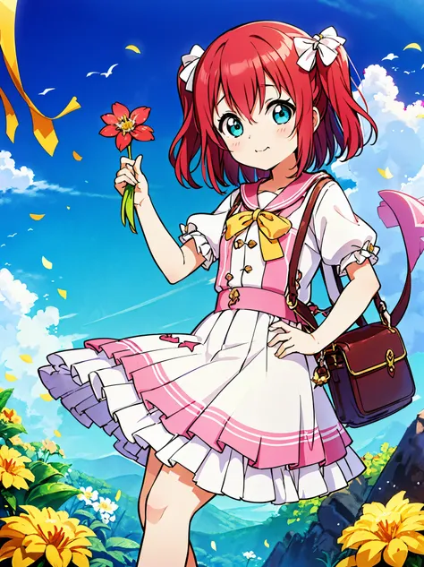 ruby kurosawa, aqua eyes, medium hair, red hair, two side up, twintails, girl, ((((holding a flower viewing it to the viewer))),