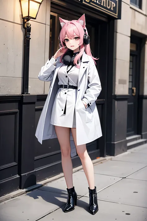 Girl with pink hair，long hair，With cat ear headphones，Wearing a long white trench coat，whole body