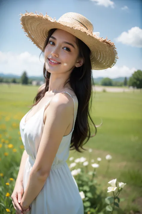 blue sky, There are a few white clouds, green meadows, A girl in a long dress, Roses in hand, Wearing a wide-brimmed hat, The picture is a wide side view of the photographic angle, The colors are pastel, The face conforms to normal bone structure and skin ...