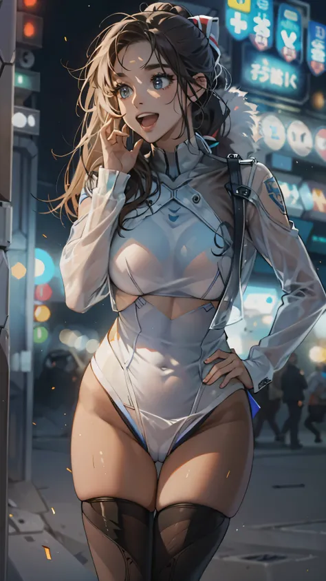 woman,20-year-old,,city,night,white tight miniskirt bodysuit,(),open mouth smile((See-through))Glasses,((Beautiful long ponytail))