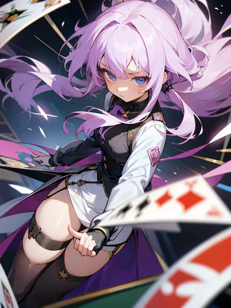 anime illustration、girl、hair color white and light purple、Clothes look like gambling、A lot of waist exposure、Thigh garter belt、A short jacket like a sister、Make sure you can see your whole body、upward glance、A little troubled face、Long hairstyle with lots ...