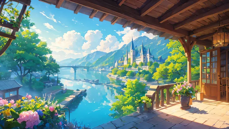 a beautiful castle in a valley in the night, a lake of water, flowers and beautiful sky with clouds and stars, nostalgic