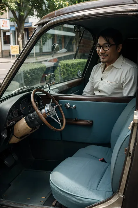 malay man, 35 years old, wearing glasses, sweet smile, dressed up 60s fashion, driving old car at street in England old town, 4k, ultra realistic high quality photography 