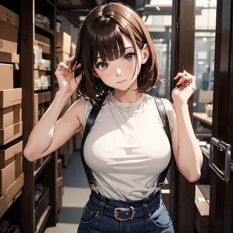 brown hair、looking at the viewer　　suspenders　　　Bulging big breasts　　 　 　　　　jeans　boots　　　　　Gaze　　　small face　bangs 　　　　　Beauty　　hands up　　 　Gaze 　黒いboots 　provocation　　armpit sweat　one person 　　put your hands behind your back　cutter shirt　　Black belt