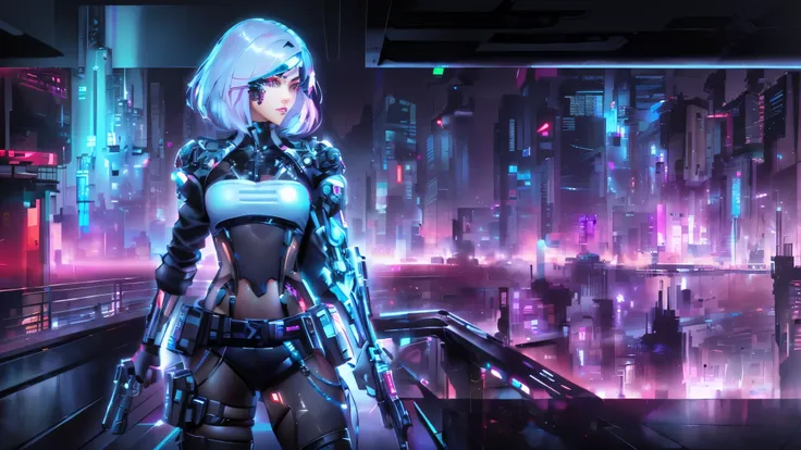 cyber girl with gun in city at night, cyberpunk beautiful girl, female cyberpunk anime girl, digital cyberpunk anime art, cyberp...