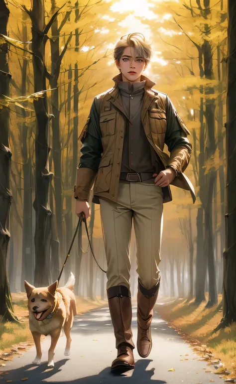 best quality, ((1 man)), bright blonde hair,brown eyes, hunter outfit, With a dog, Walking, ln the forest,