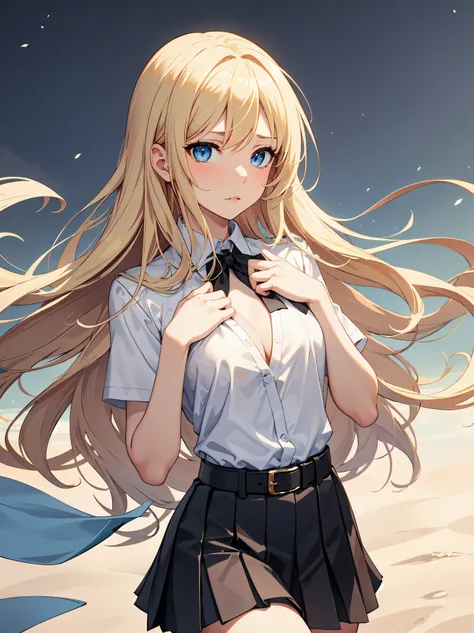 ((best quality)), ((masterpiece)), (detailed), 1 girl，blond，Single horsetail，blue eyes，tearful eyes，Cover your chest with your hands，medium breasts，White shirt，black tie，belt，short pleated skirt