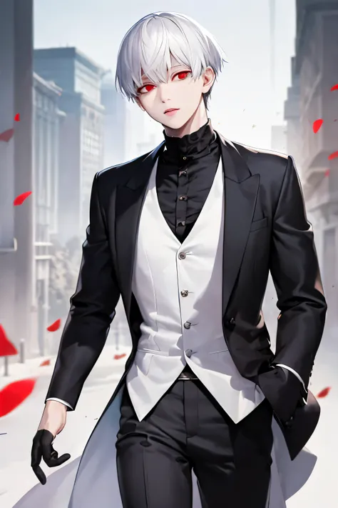 1boy, ((best quality)), ((masterpiece)), ((realistic)), (detailed), (perfect face), (kaneki ken), pure happy, white hair, handsome, red eyes, black long-sleeved shirt, calm, dynamic angle, half body, building background, portrait