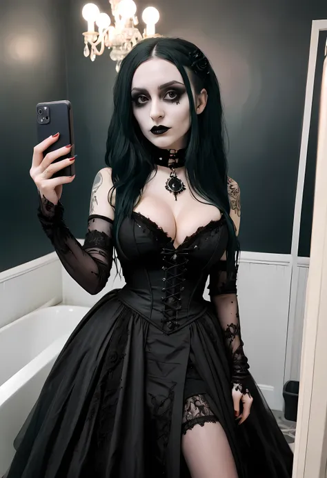 araffe dressed in gothic clothing taking a selfie in a bathroom, sexy gothic outfit, massive cleavage wearing a gothic dress, gothic horror vibes, witchcore clothes, wearing modern gothic clothes, ornate goth dress, goth style, gothic!!, dark gothic dress,...