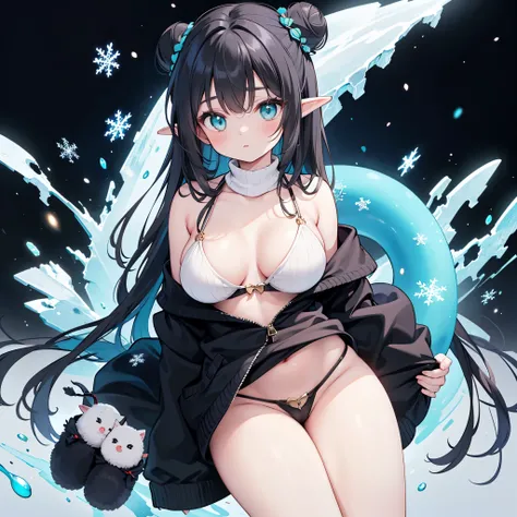 Detail image, realistic image, 1 elf. She has long black hair in a bun, large turquoise eyes, a delicate oval face, medium breasts and a curvy figure. She is wearing an off-shoulder sweater, thin thong, moccasin slippers, stockings to mid-thigh. snowflakes...