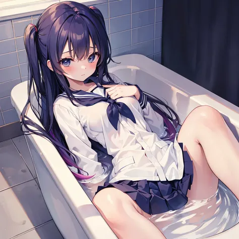 Anime school girl having sex in the bathtub with her uniform on and fingering herself