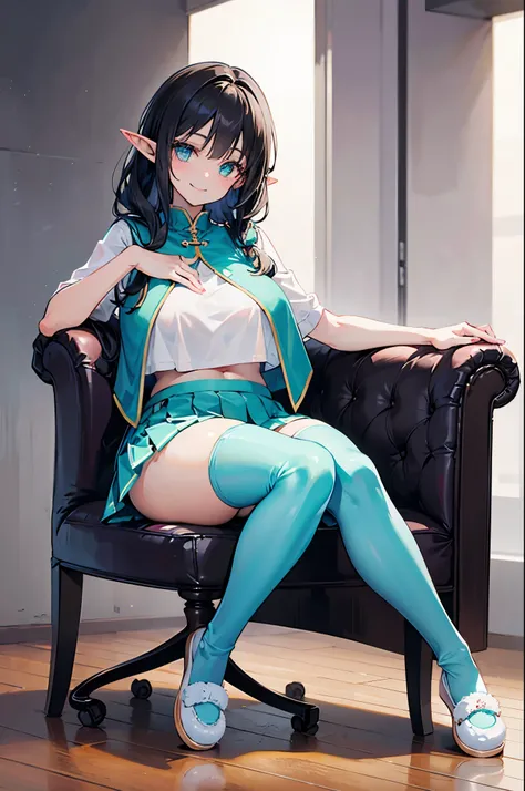 Detail image, realistic image, 1 elf. loli. She has turquoise eyes with and black hair, has a delicate oval face, medium breasts and a curvy figure. She is wearing a crop top, tight pleated mini skirt, moccasins slippers. smiling, seated. Ambient light. Vo...