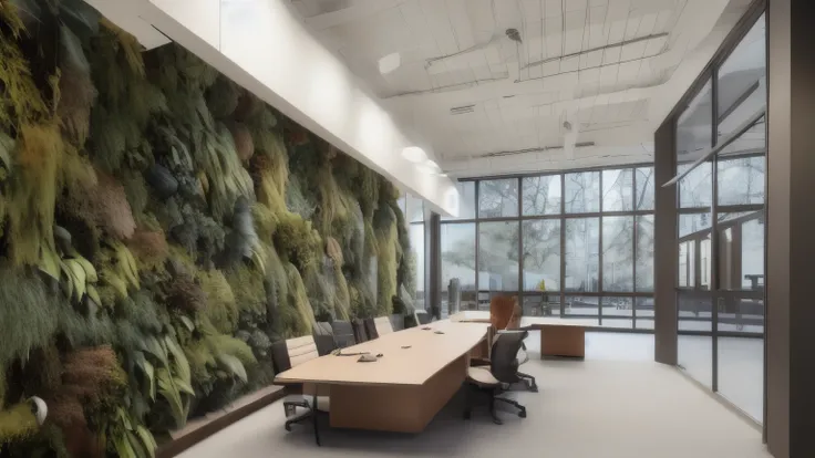 Modern office lobby with sleek furniture, a living green wall, and natural light