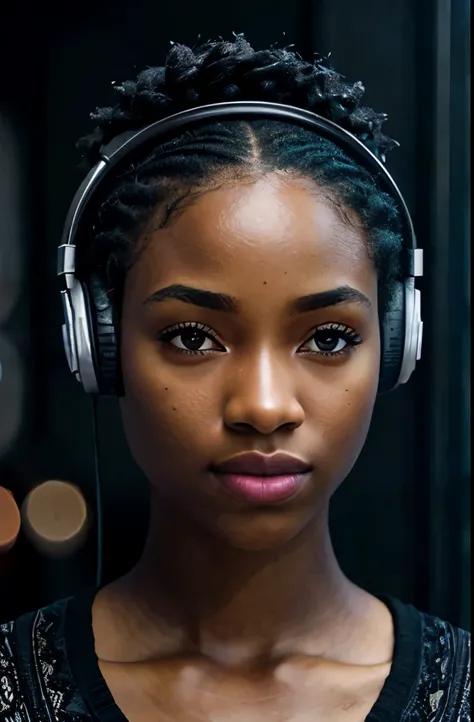 black female with headphones, natural skin texture, 24mm, 4k textures, soft cinematic light, adobe lightroom, photolab, hdr, intricate, elegant, highly detailed, sharp focus, ((((cinematic look)))), soothing tones, insane details, intricate details, hyperd...