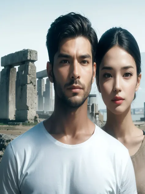 two beautiful men and women。Late twenties。Men have short black hair。A woman grows her dark brown hair long。They both wear modern clothes.。A megalithic civilization exists behind the two of them.。
