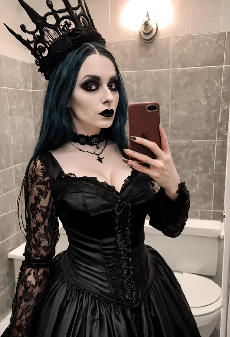 araffe dressed in gothic clothing taking a selfie in a bathroom, sexy gothic outfit, massive cleavage wearing a gothic dress, gothic horror vibes, witchcore clothes, wearing modern gothic clothes, ornate goth dress, goth style, gothic!!, dark gothic dress,...