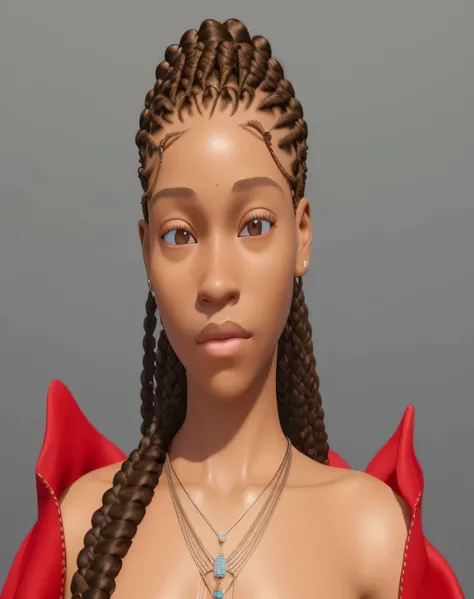 a close up of a woman with braids and a necklace, 8k portrait render, inspired by Theo Constanté, cornrows braids, with textured hair and skin, render of april, 3 d render stylized, anime styled 3d, light skinned african young girl, cornrows, hyper realist...