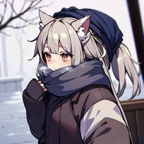 1 girl with ash gray hair、winter clothing、(Scarf)、Cat ear、long hair、Drooping eyes