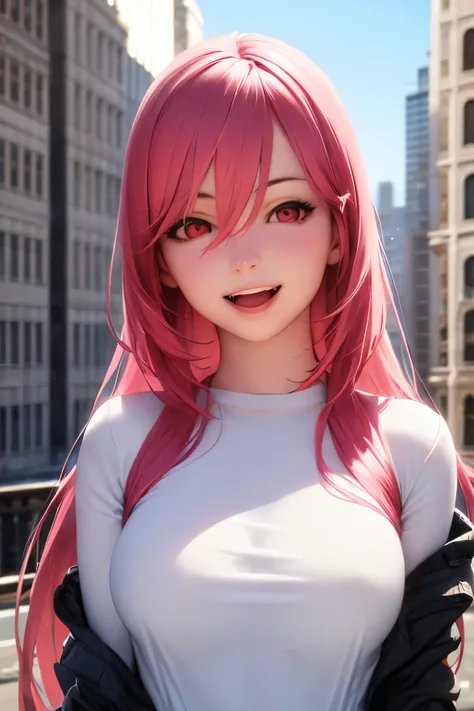 1girl, ((best quality)), ((masterpiece)), ((realistic)), (detailed), (perfect face), beautiful women, nevy blue jaket, white shirt, pure happy, smile, open mouth, pink hair, long hair, hair between eyes, red eyes, attractive, building background