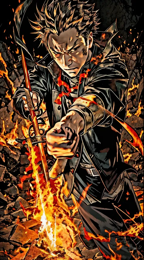 a man with a sword in his hand and flames coming out of his hand, anime wallaper, fire behind him, fire!! full body, epic anime style, badass anime 8 k, jujutsu kaisen, hd anime wallaper, demon slayer artstyle, badass pose, amazing wallpaper, ken kaneki, a...