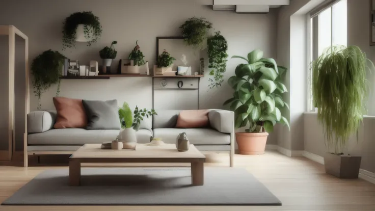 lofi living room with full of plants , anime style