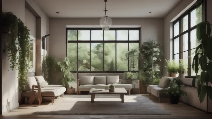 lofi living room with full of plants , realistic style