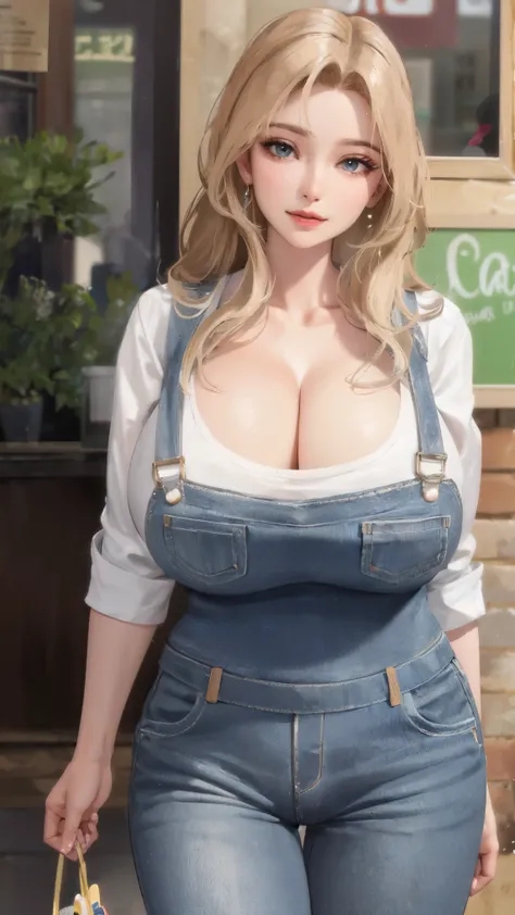 sagging breasts,mature female,smile,huge breasts, gigantic breasts,long breasts, (((face focus))),cowboy shot,overalls,solo,cafe,milk,